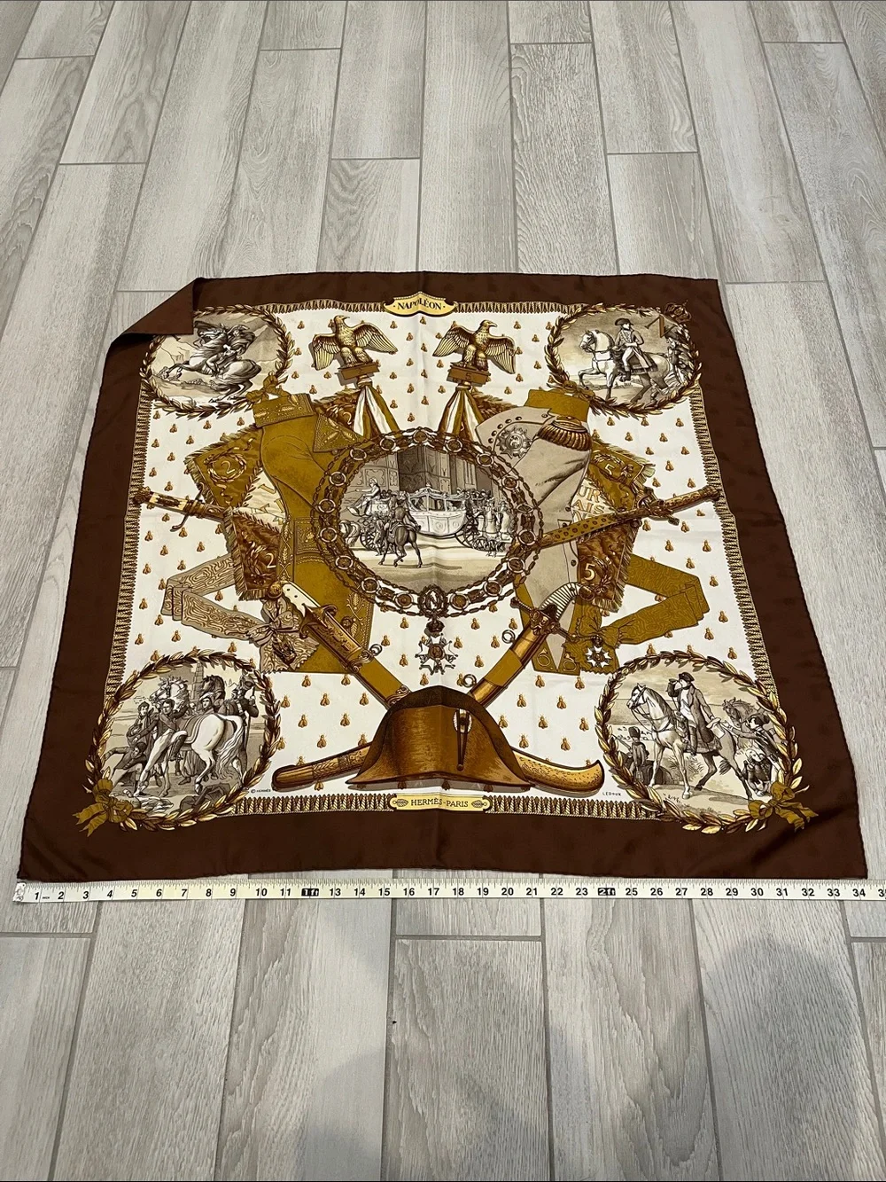 Hermes Brown and Gold Napoléon Silk Scarf